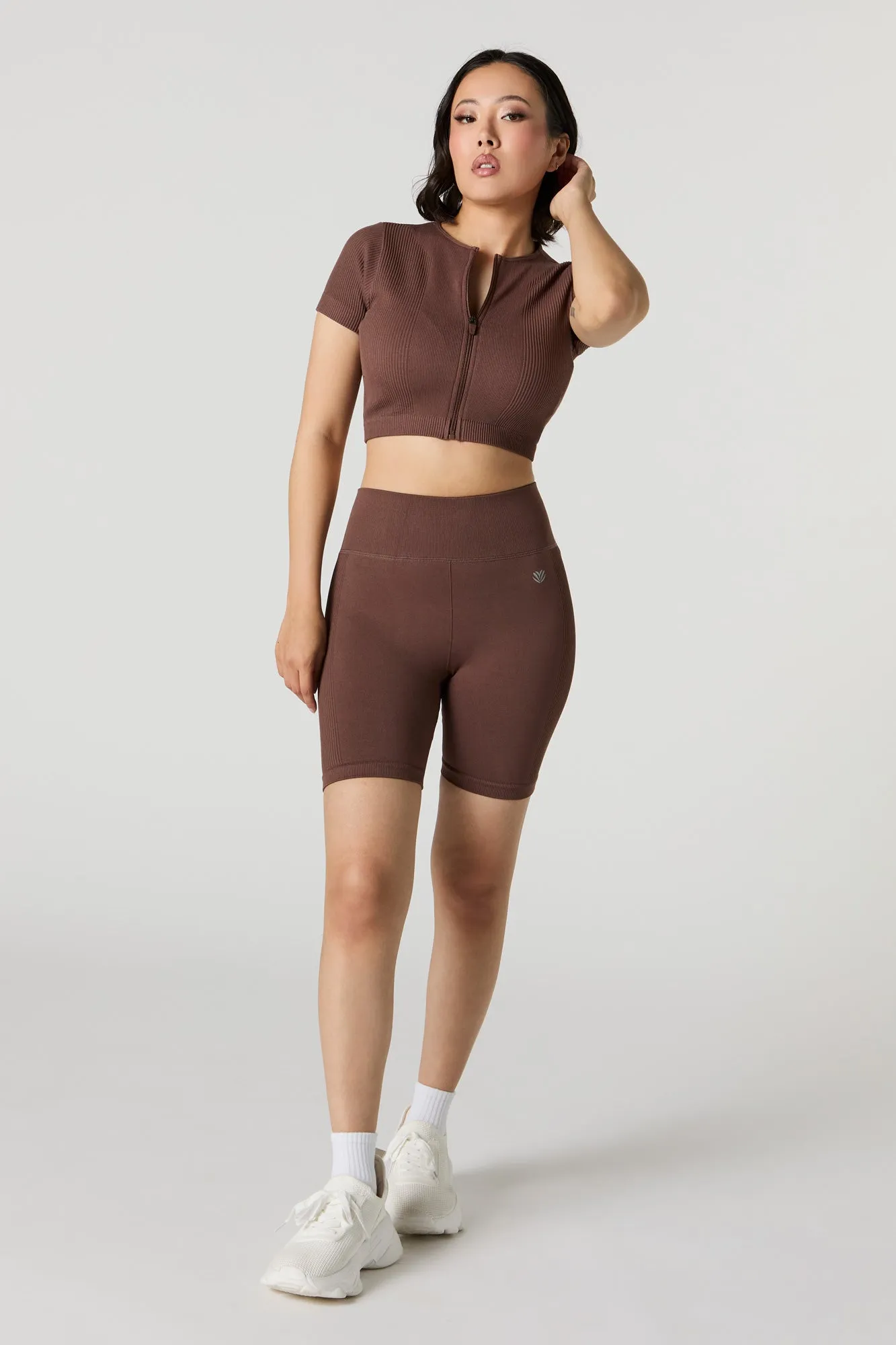 Active Seamless Ribbed Short Sleeve Zip-Up Crop Top