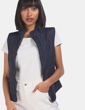 Aeropostale Women Navy High Neck Sleeveless Gilet Jacket