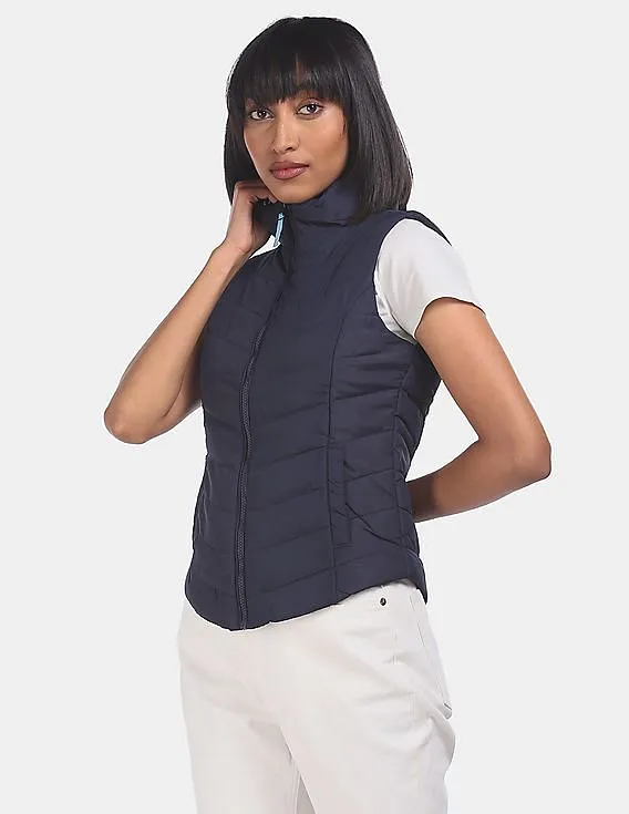 Aeropostale Women Navy High Neck Sleeveless Gilet Jacket