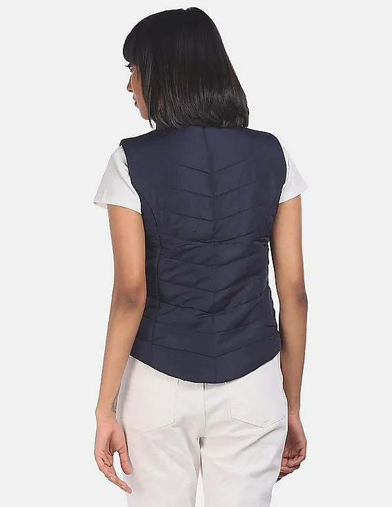 Aeropostale Women Navy High Neck Sleeveless Gilet Jacket