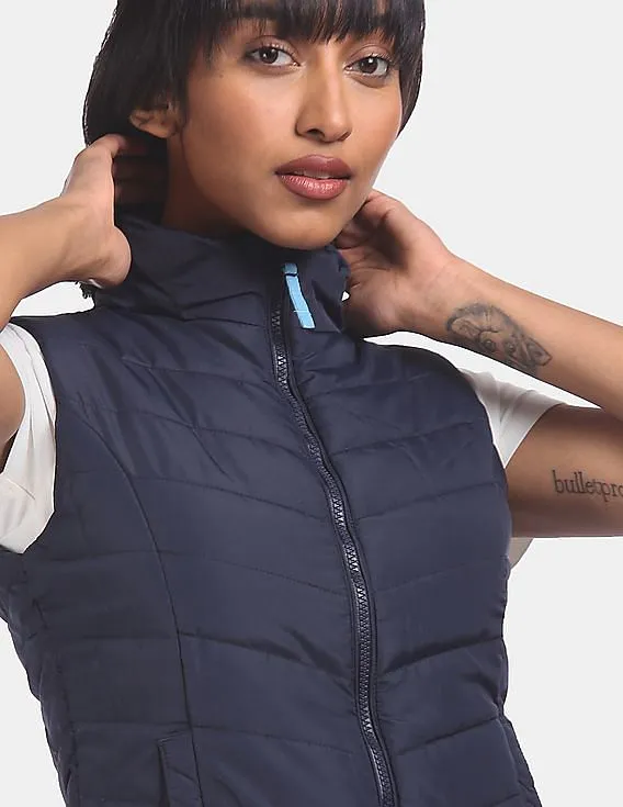 Aeropostale Women Navy High Neck Sleeveless Gilet Jacket