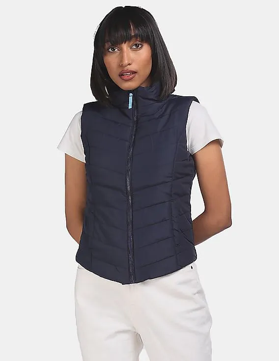 Aeropostale Women Navy High Neck Sleeveless Gilet Jacket