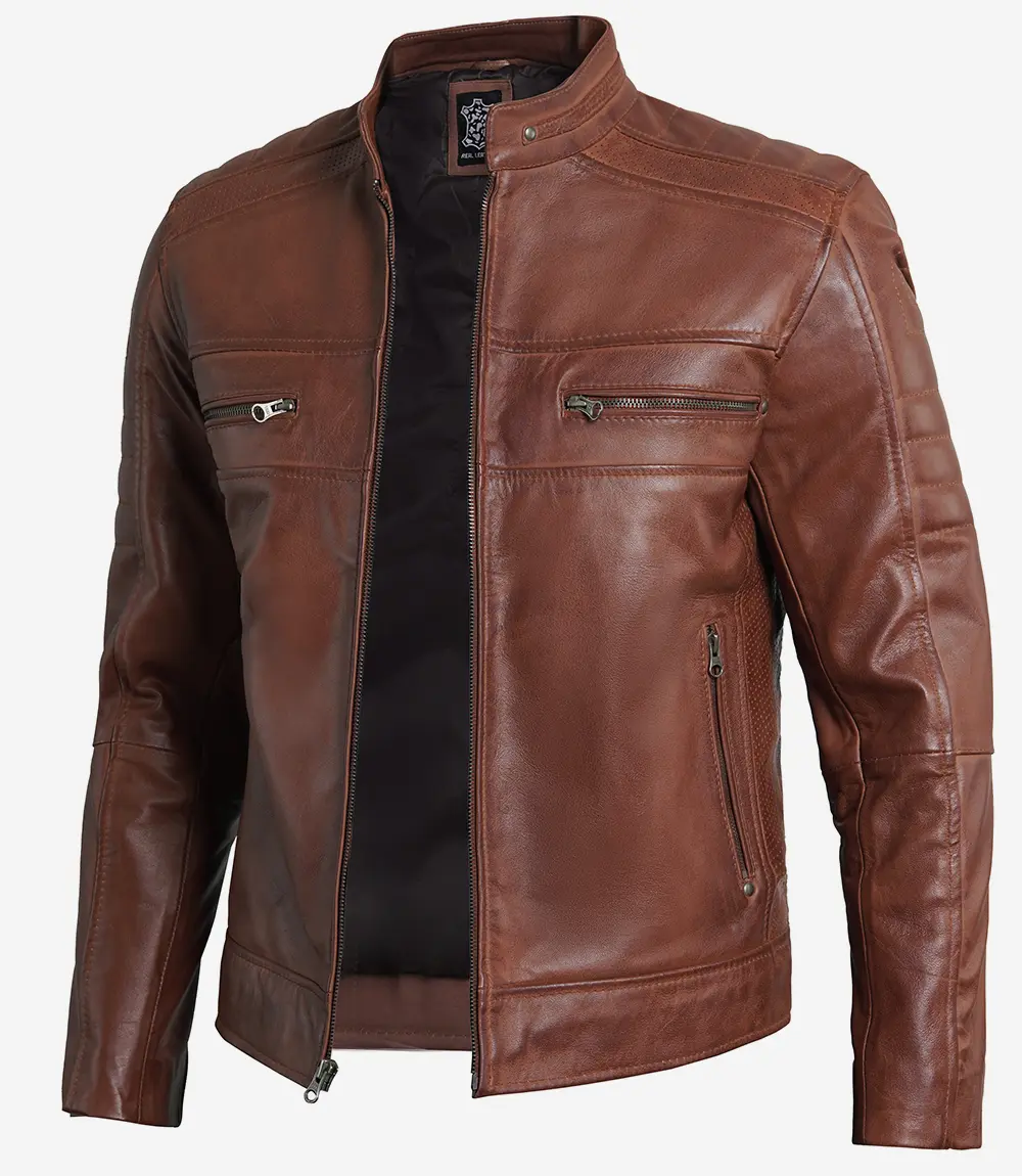 Austin Men Cafe Racer Cognac Brown Leather Jacket