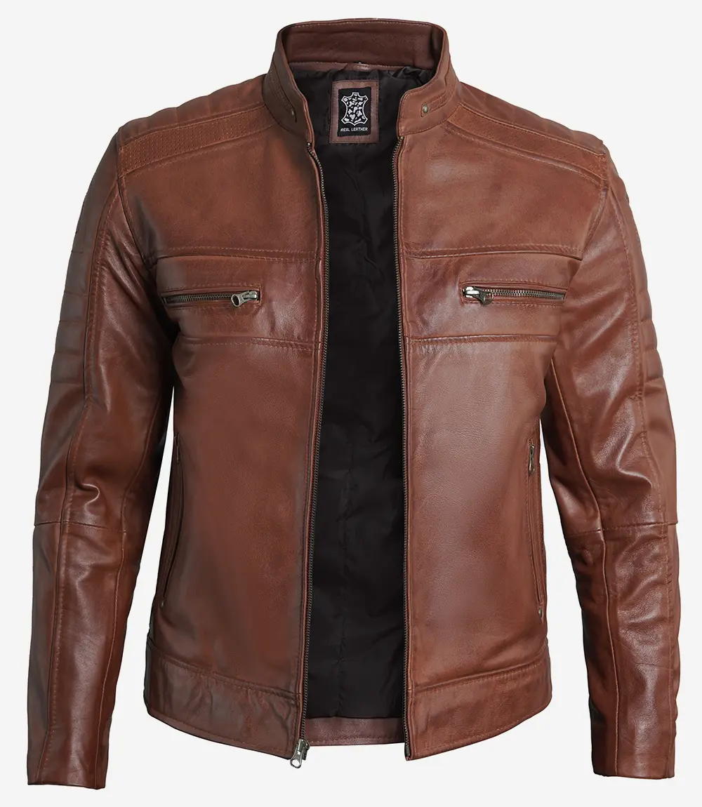 Austin Men Cafe Racer Cognac Brown Leather Jacket