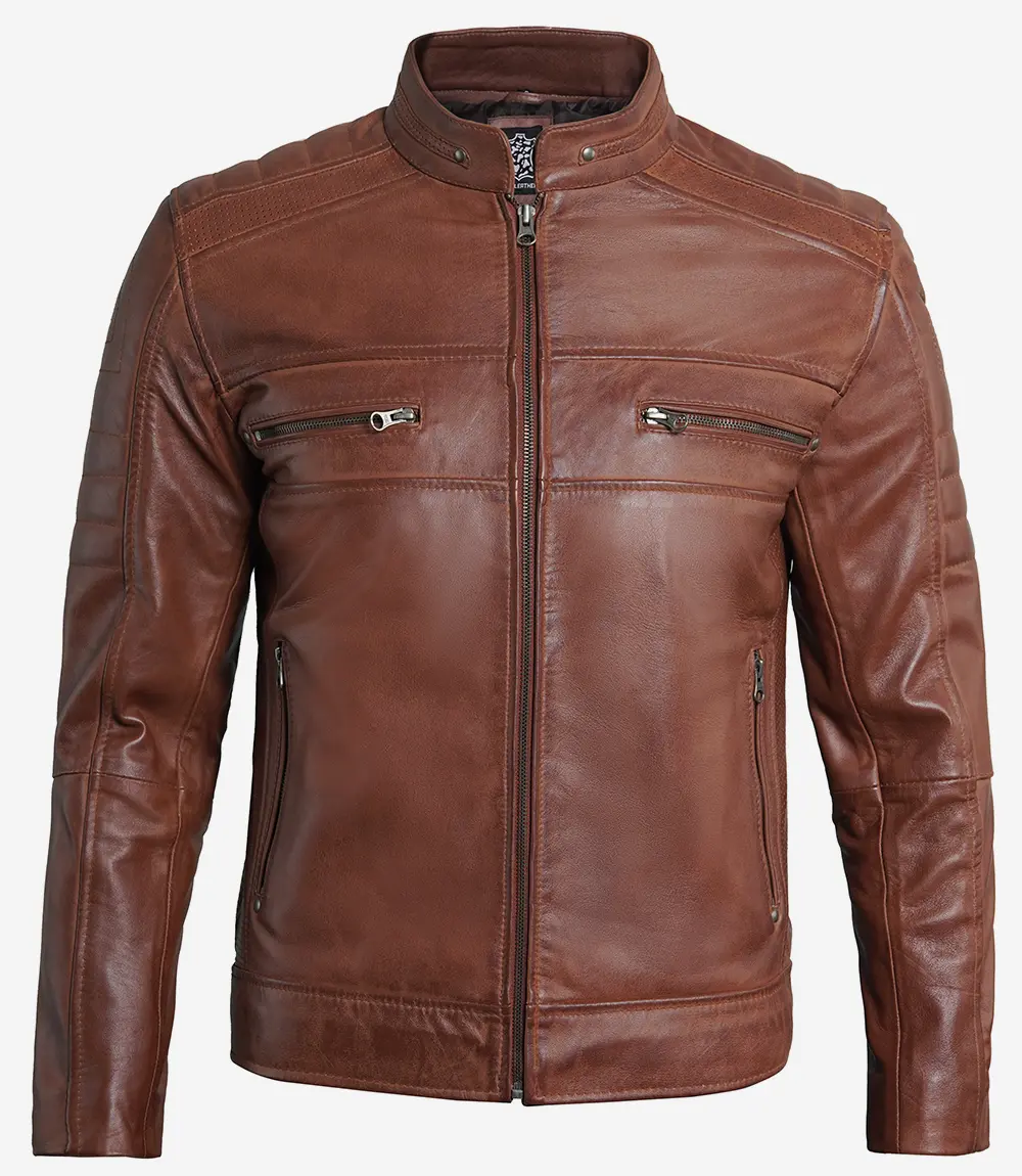 Austin Men Cafe Racer Cognac Brown Leather Jacket