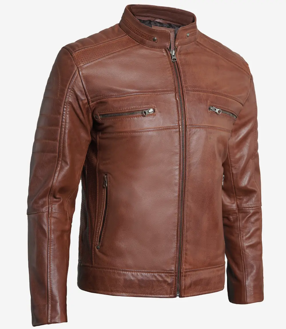 Austin Men Cafe Racer Cognac Brown Leather Jacket