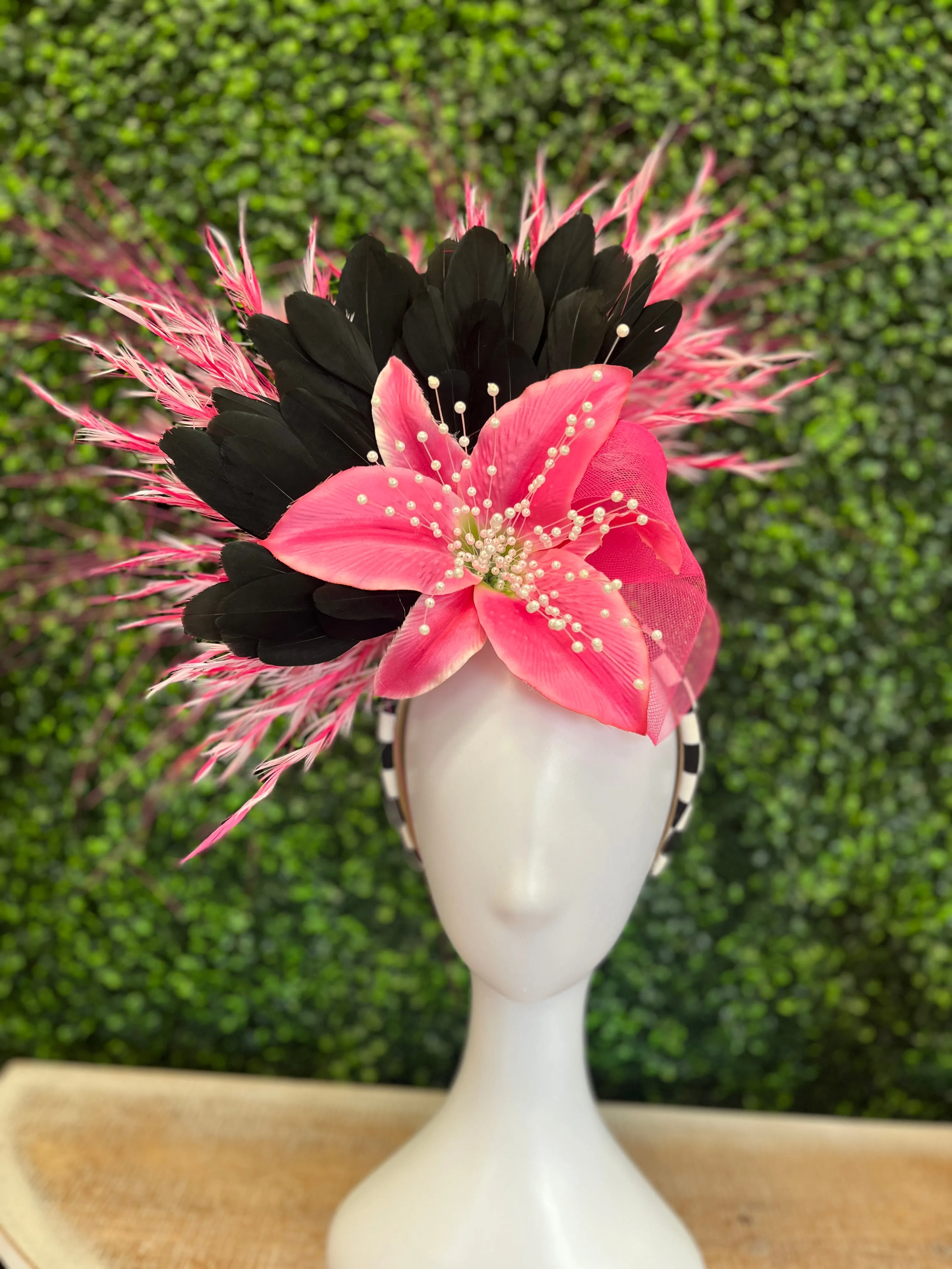 Black, White, Pink Checkerboard Headband Fascinator Hat