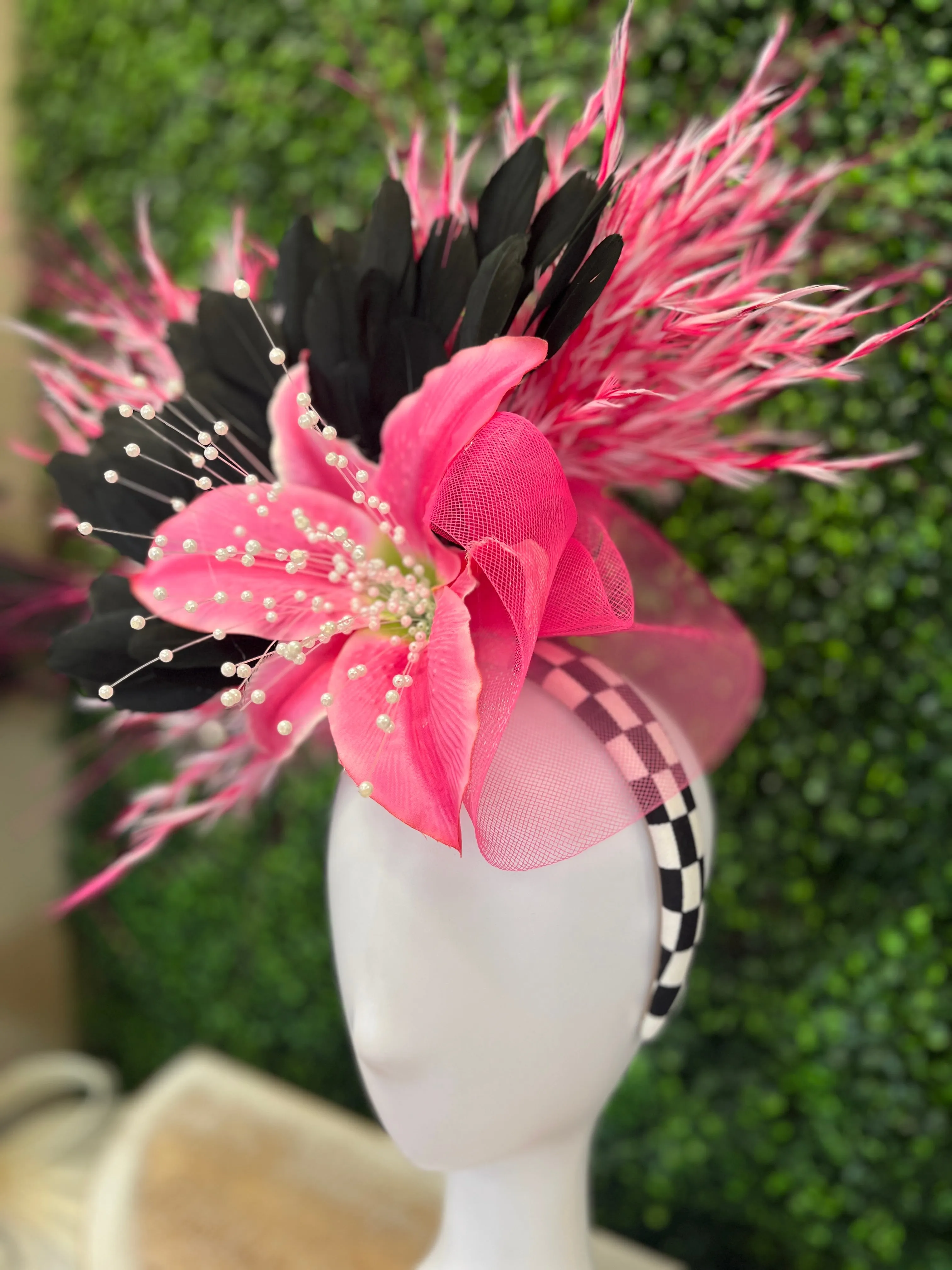 Black, White, Pink Checkerboard Headband Fascinator Hat