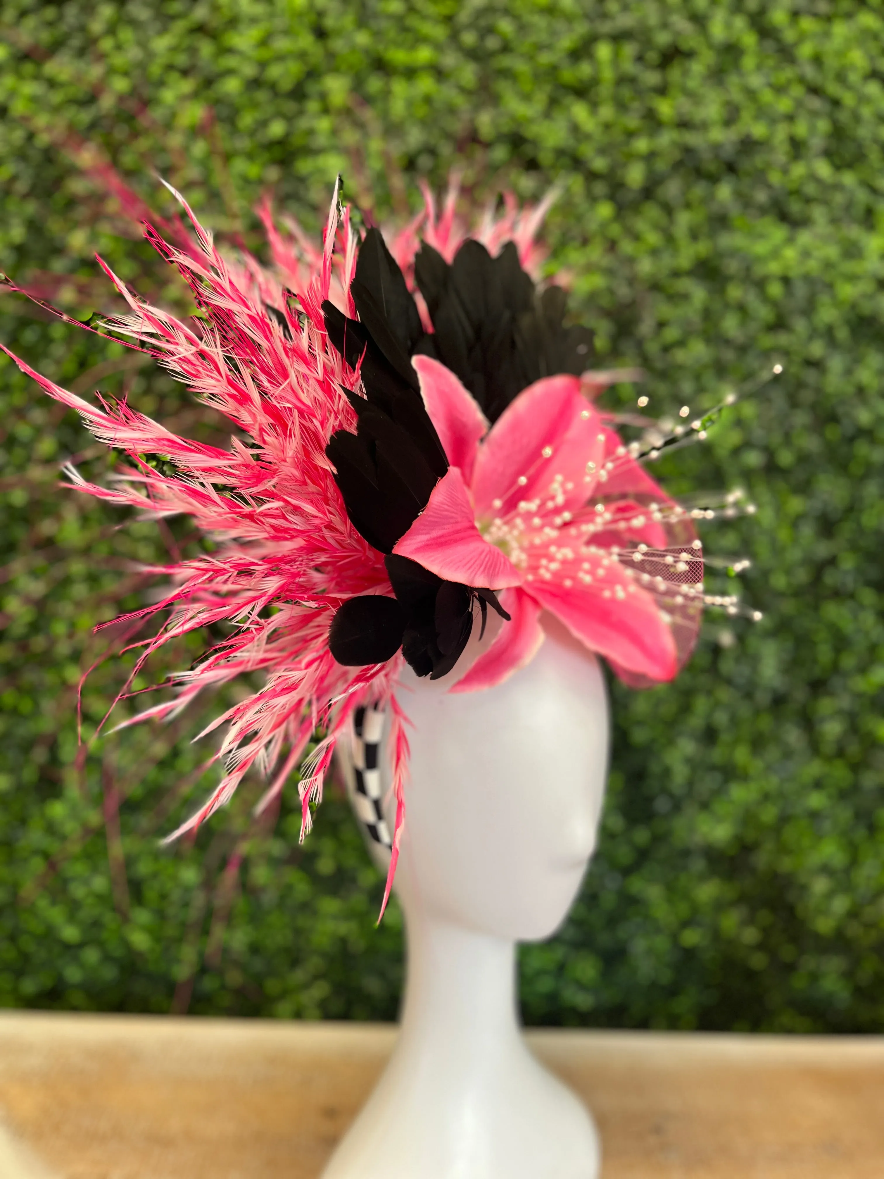 Black, White, Pink Checkerboard Headband Fascinator Hat