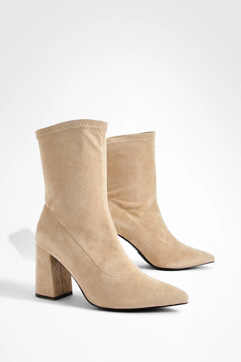 Block Heel Faux Suede Pointed Sock Boots