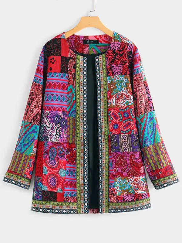 Casual Retro Printed Women Loose Cardigan Sweater