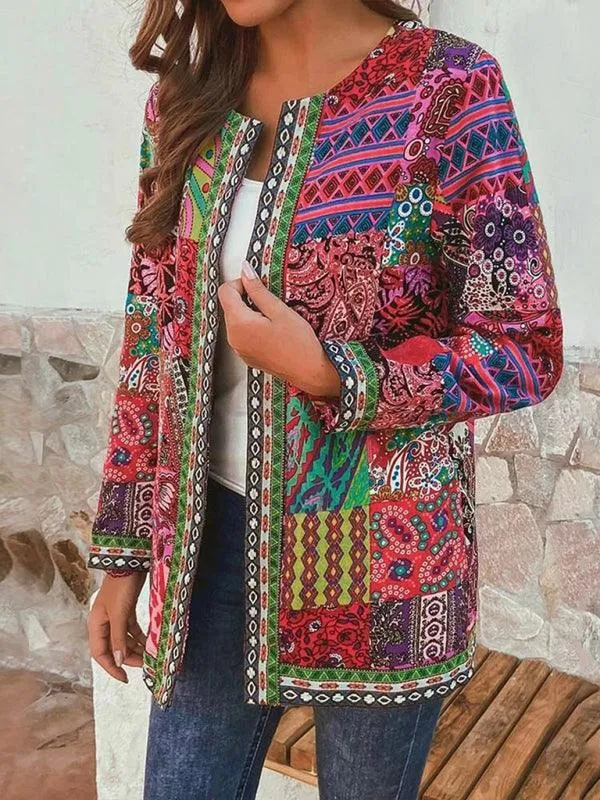 Casual Retro Printed Women Loose Cardigan Sweater