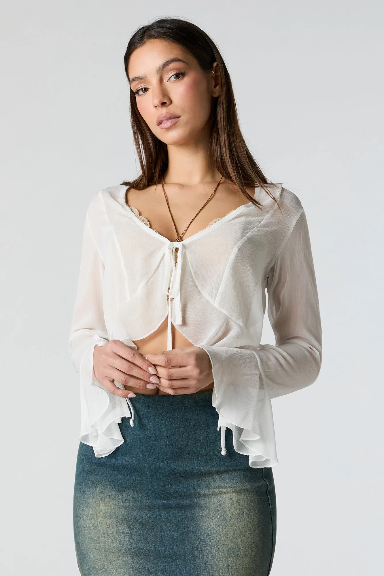 Crinkle Mesh Flyaway Long Sleeve Top