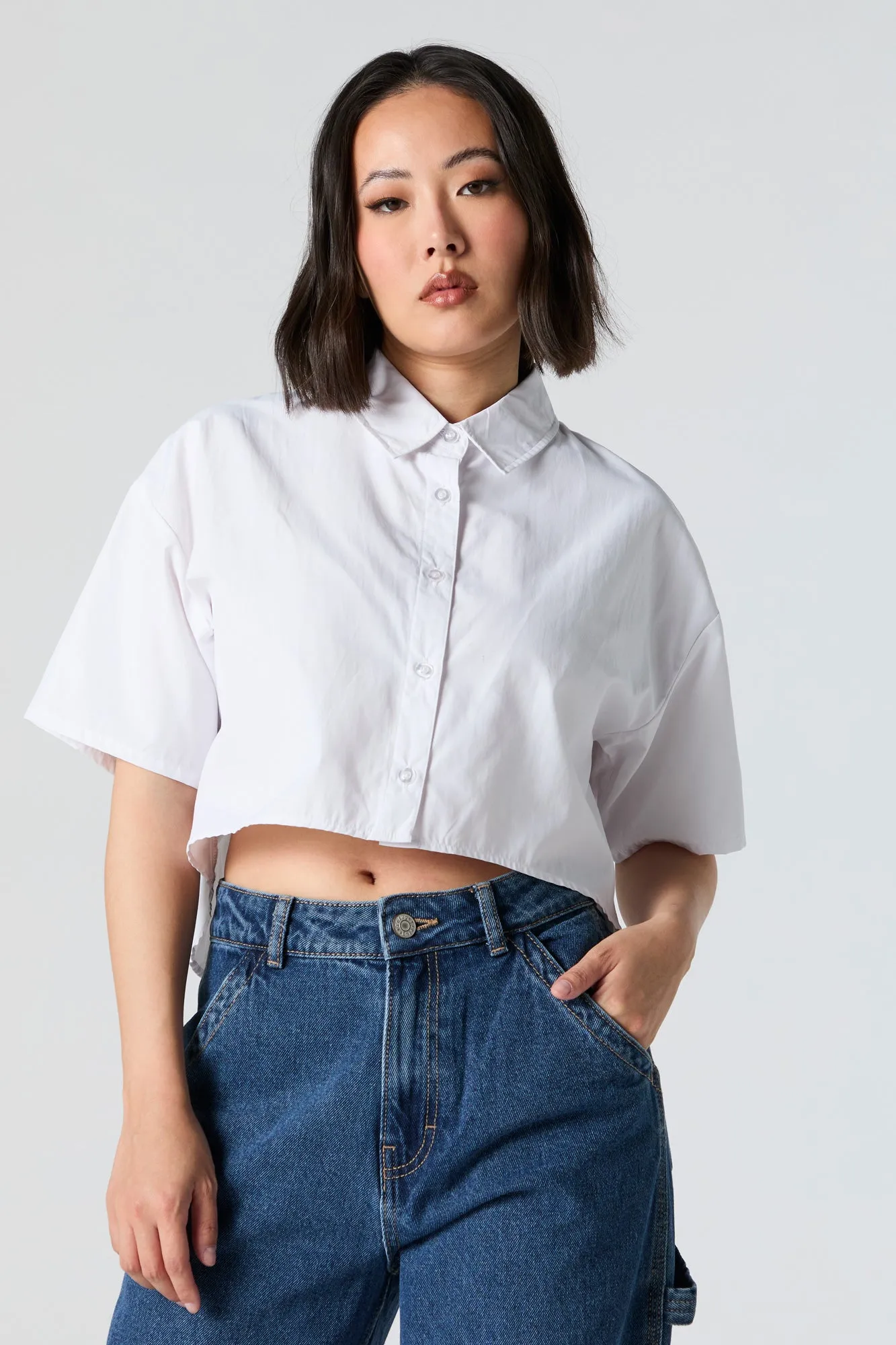 Cropped Button-Up Short Sleeve Top