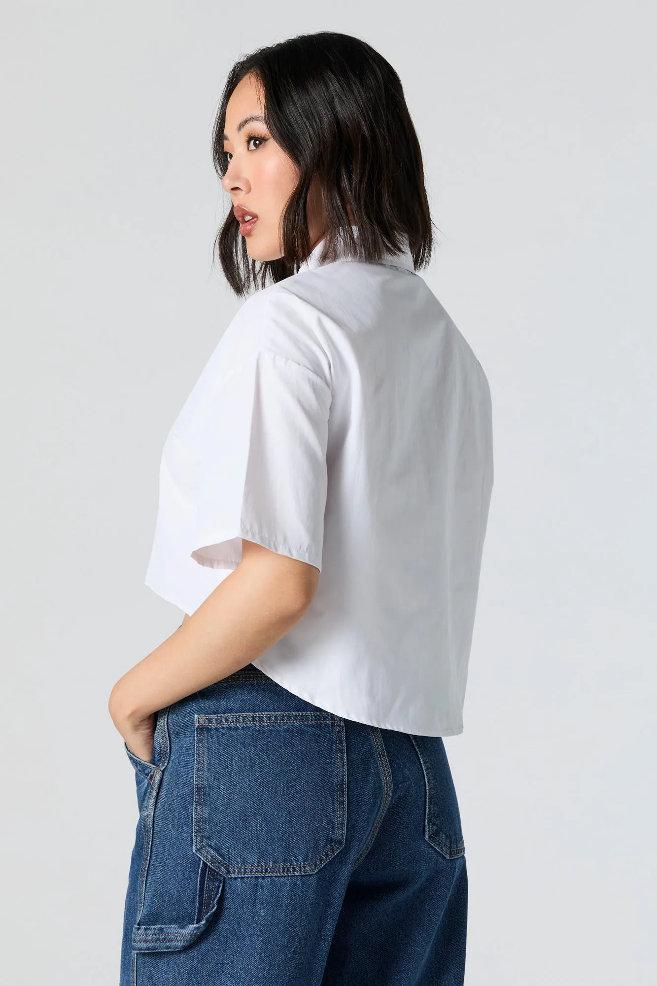 Cropped Button-Up Short Sleeve Top