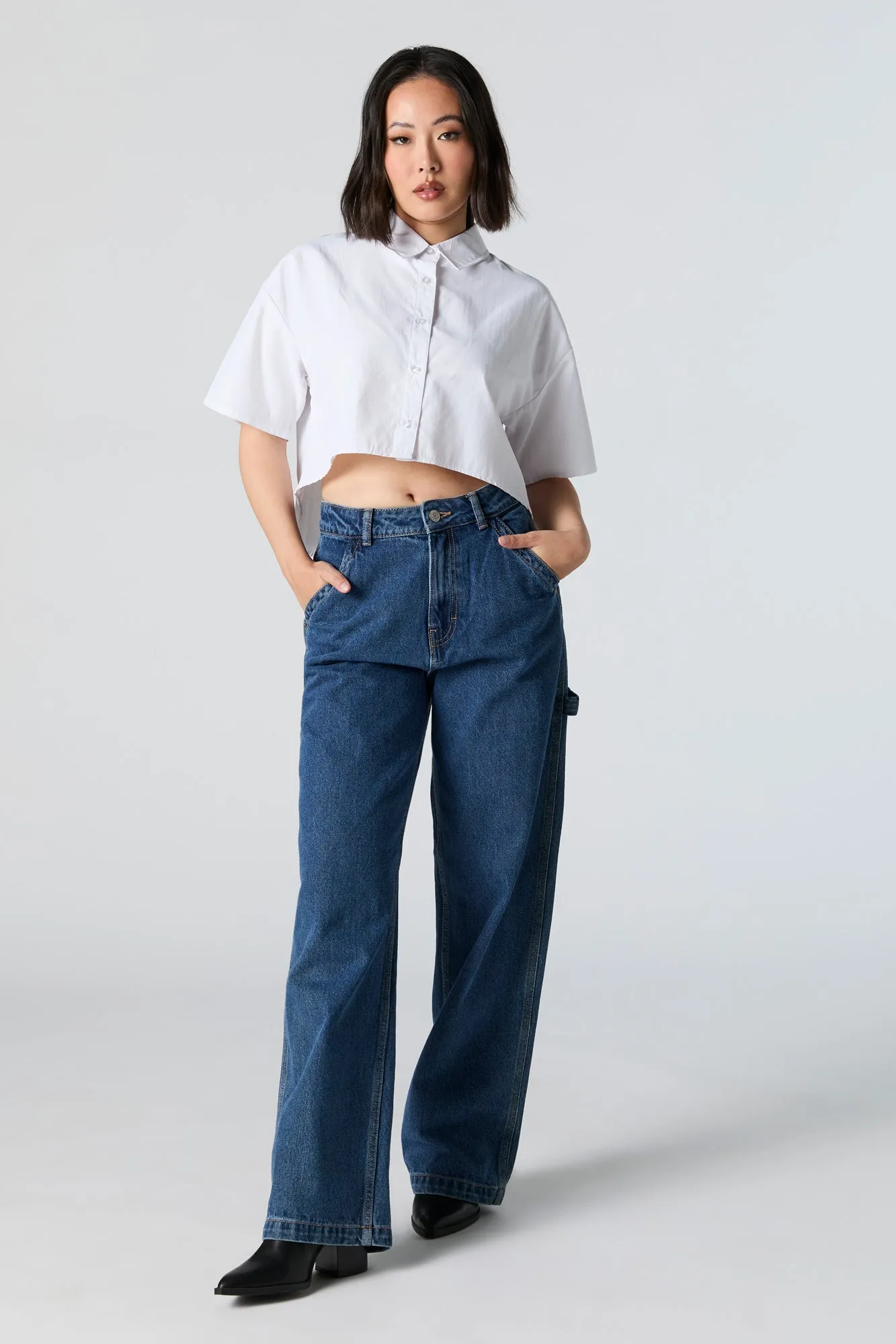 Cropped Button-Up Short Sleeve Top