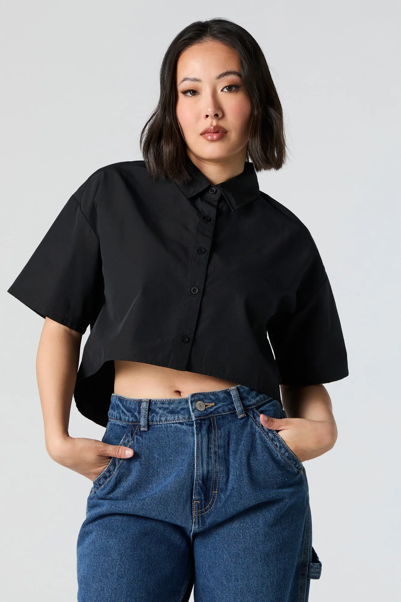 Cropped Button-Up Short Sleeve Top