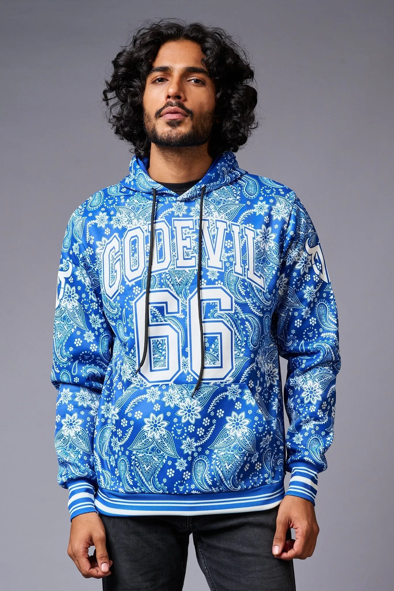 Go Devil 66 Paisely Design Printed Blue Hoodie for Men