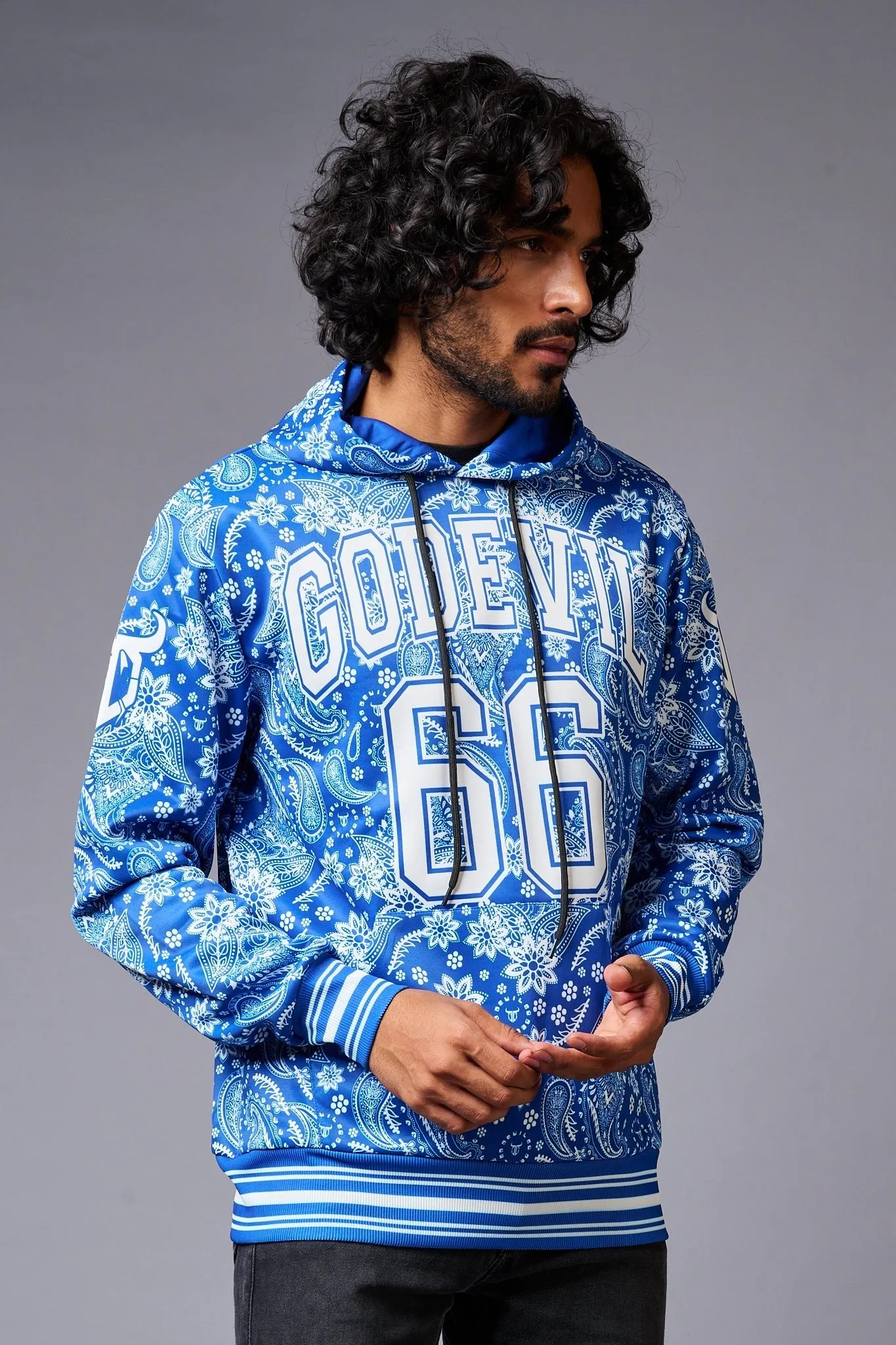 Go Devil 66 Paisely Design Printed Blue Hoodie for Men