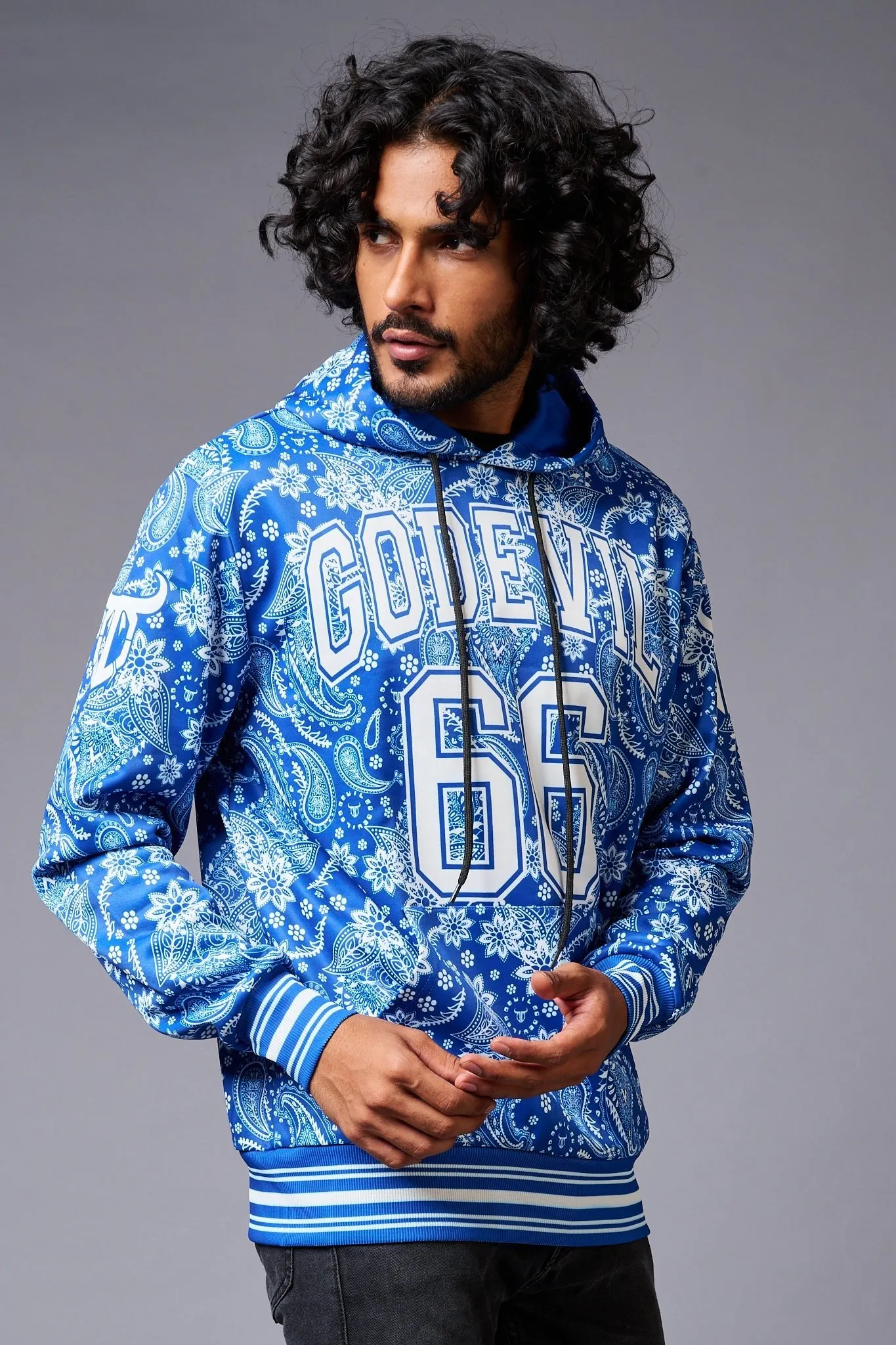 Go Devil 66 Paisely Design Printed Blue Hoodie for Men