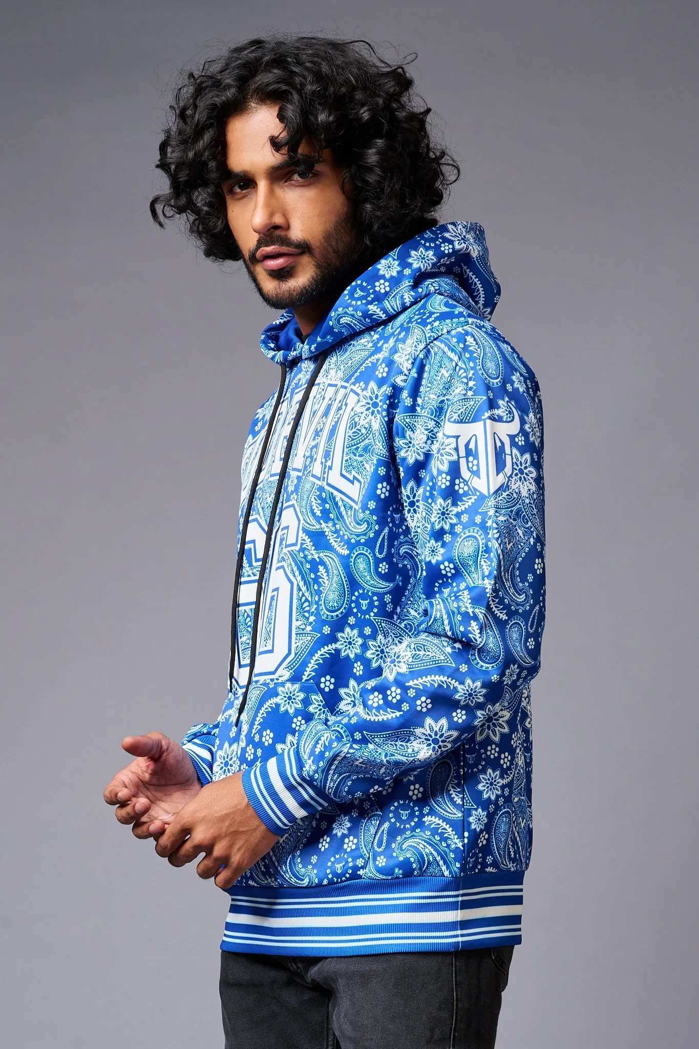 Go Devil 66 Paisely Design Printed Blue Hoodie for Men