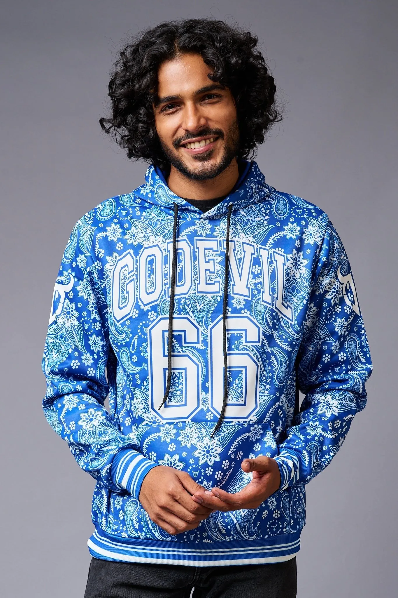 Go Devil 66 Paisely Design Printed Blue Hoodie for Men