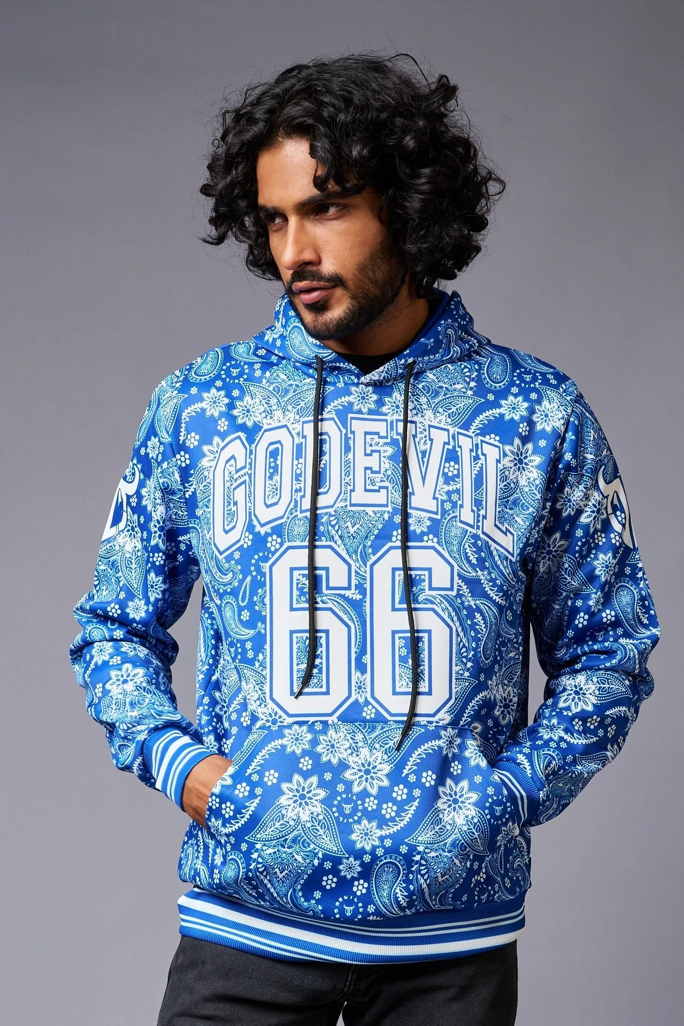 Go Devil 66 Paisely Design Printed Blue Hoodie for Men