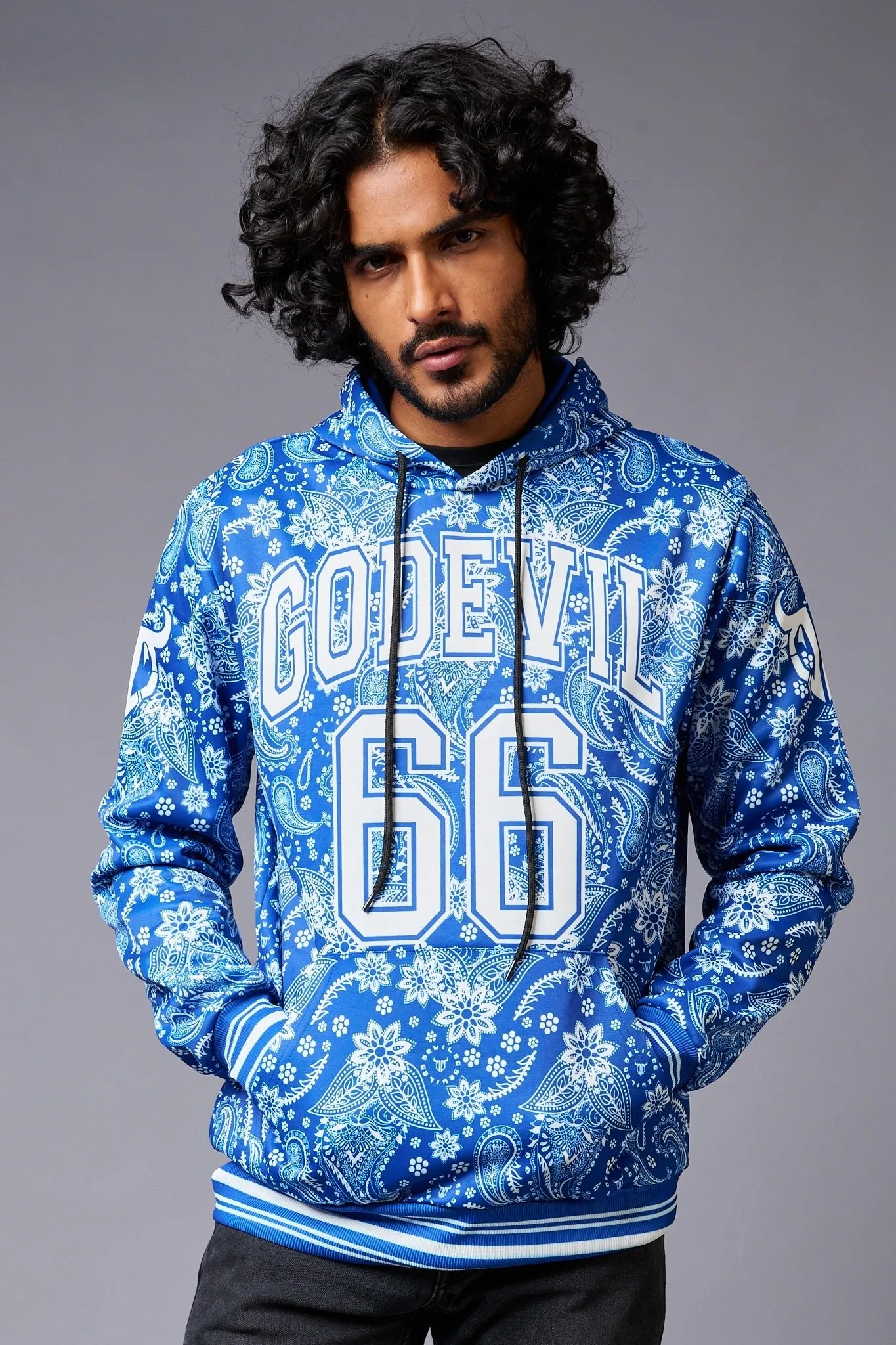 Go Devil 66 Paisely Design Printed Blue Hoodie for Men