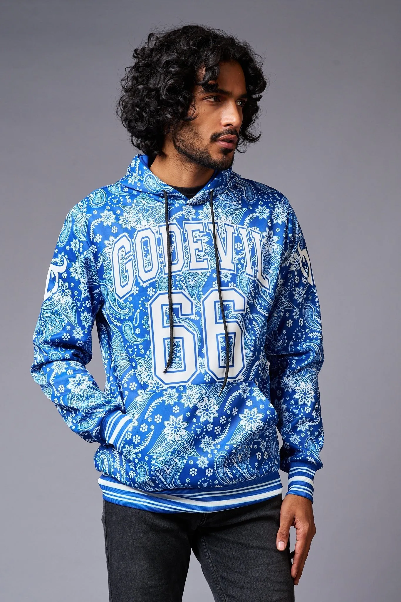 Go Devil 66 Paisely Design Printed Blue Hoodie for Men