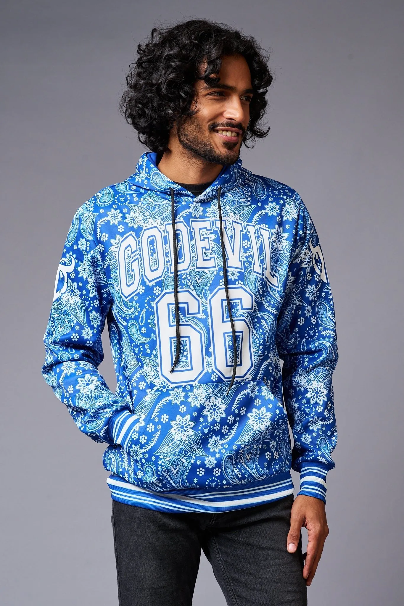 Go Devil 66 Paisely Design Printed Blue Hoodie for Men