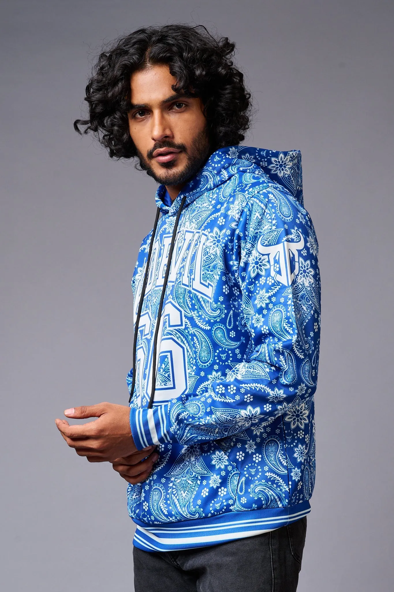 Go Devil 66 Paisely Design Printed Blue Hoodie for Men