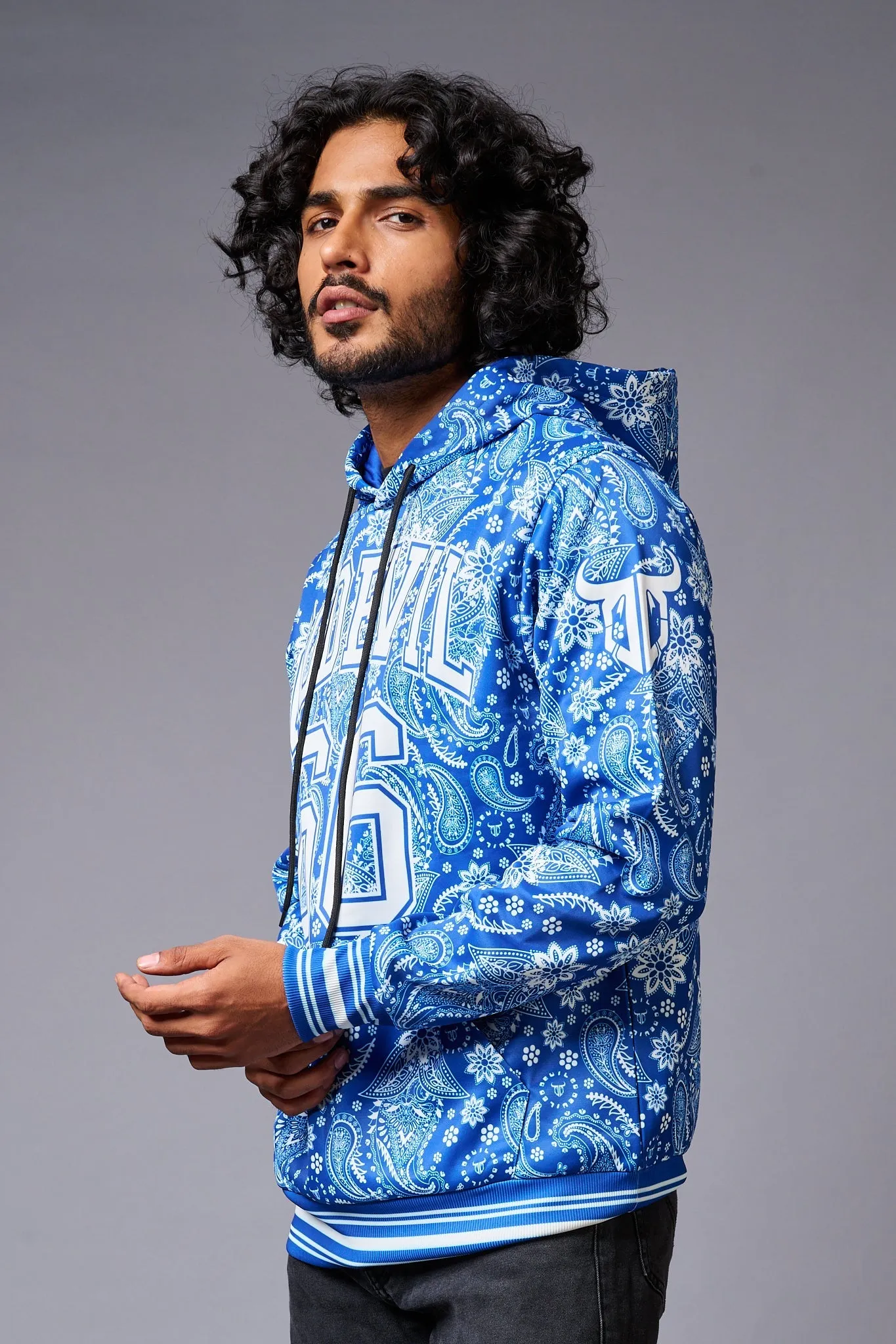 Go Devil 66 Paisely Design Printed Blue Hoodie for Men