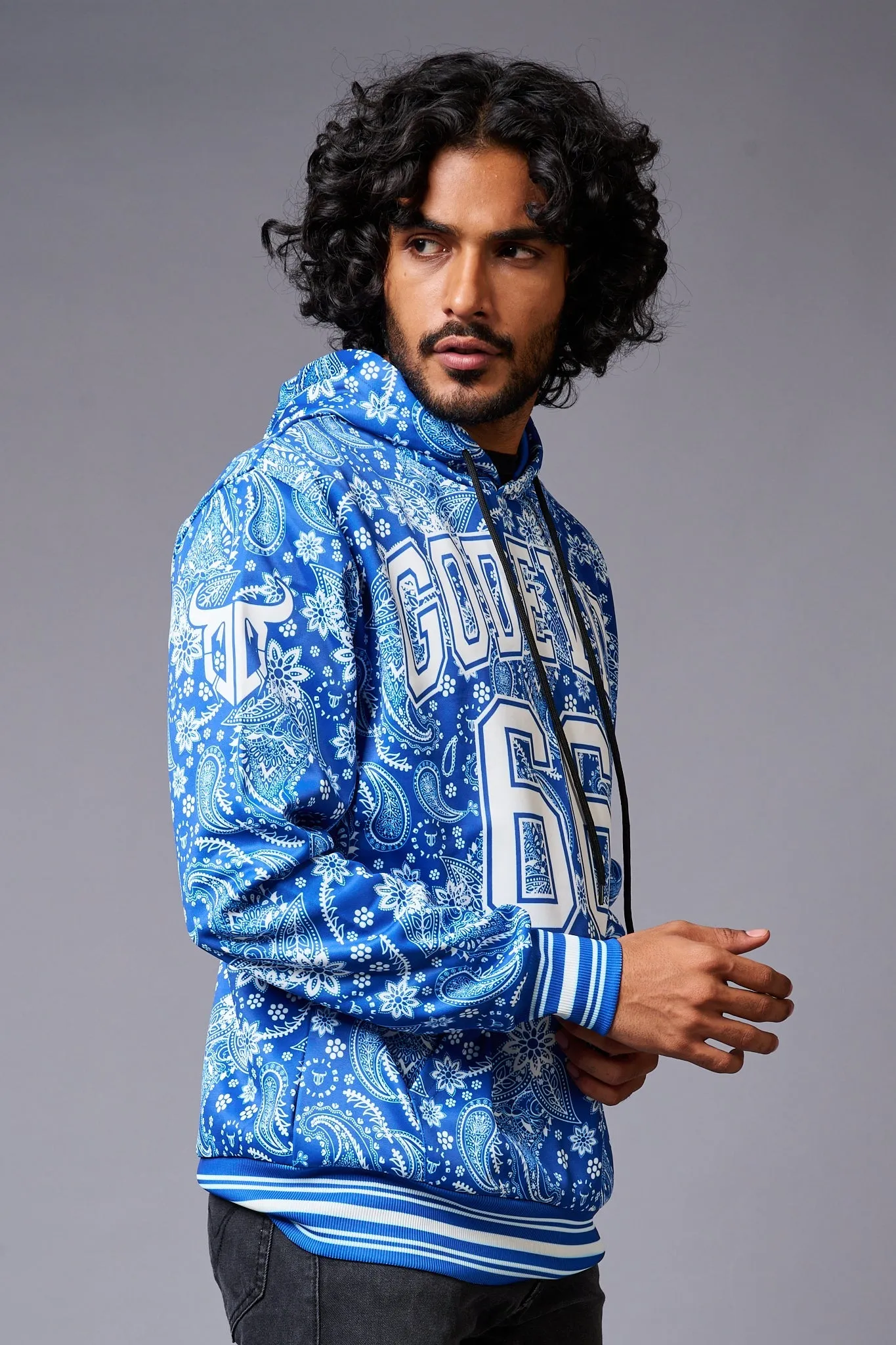 Go Devil 66 Paisely Design Printed Blue Hoodie for Men