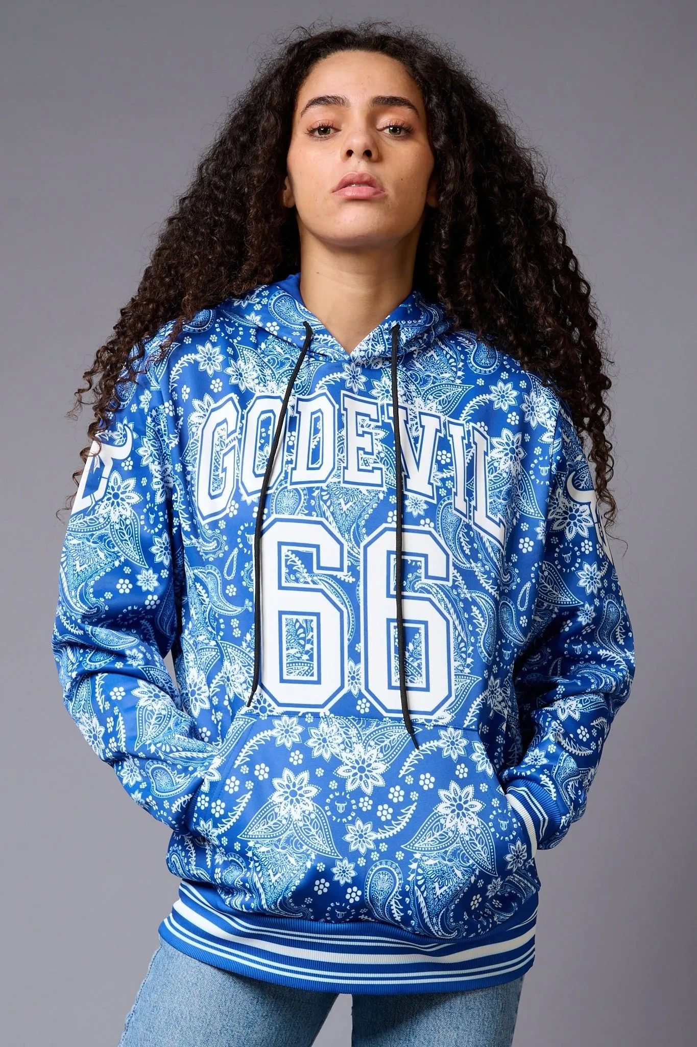 Go Devil 66 Paisely Design Printed Blue Hoodie for Women