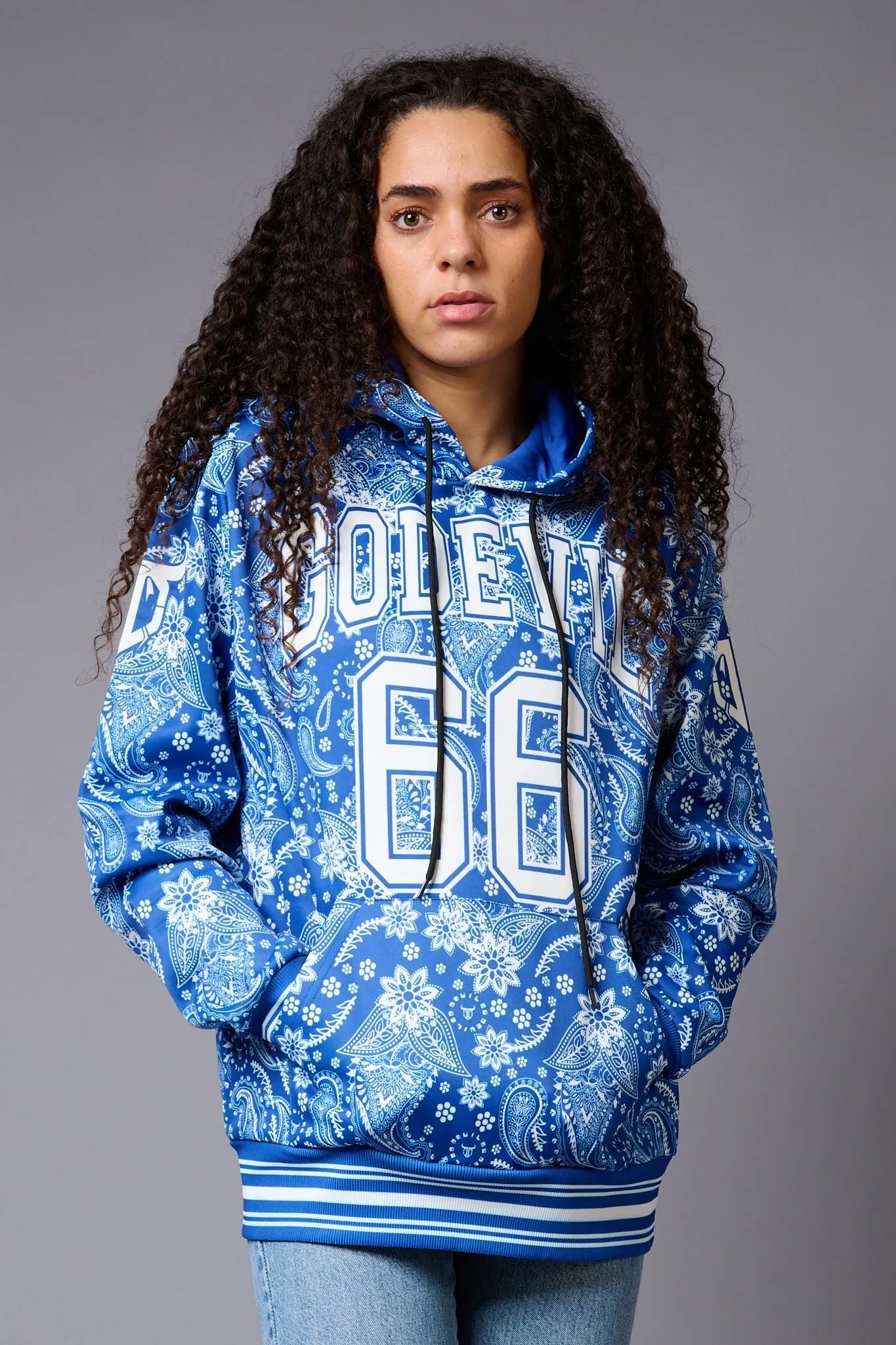 Go Devil 66 Paisely Design Printed Blue Hoodie for Women