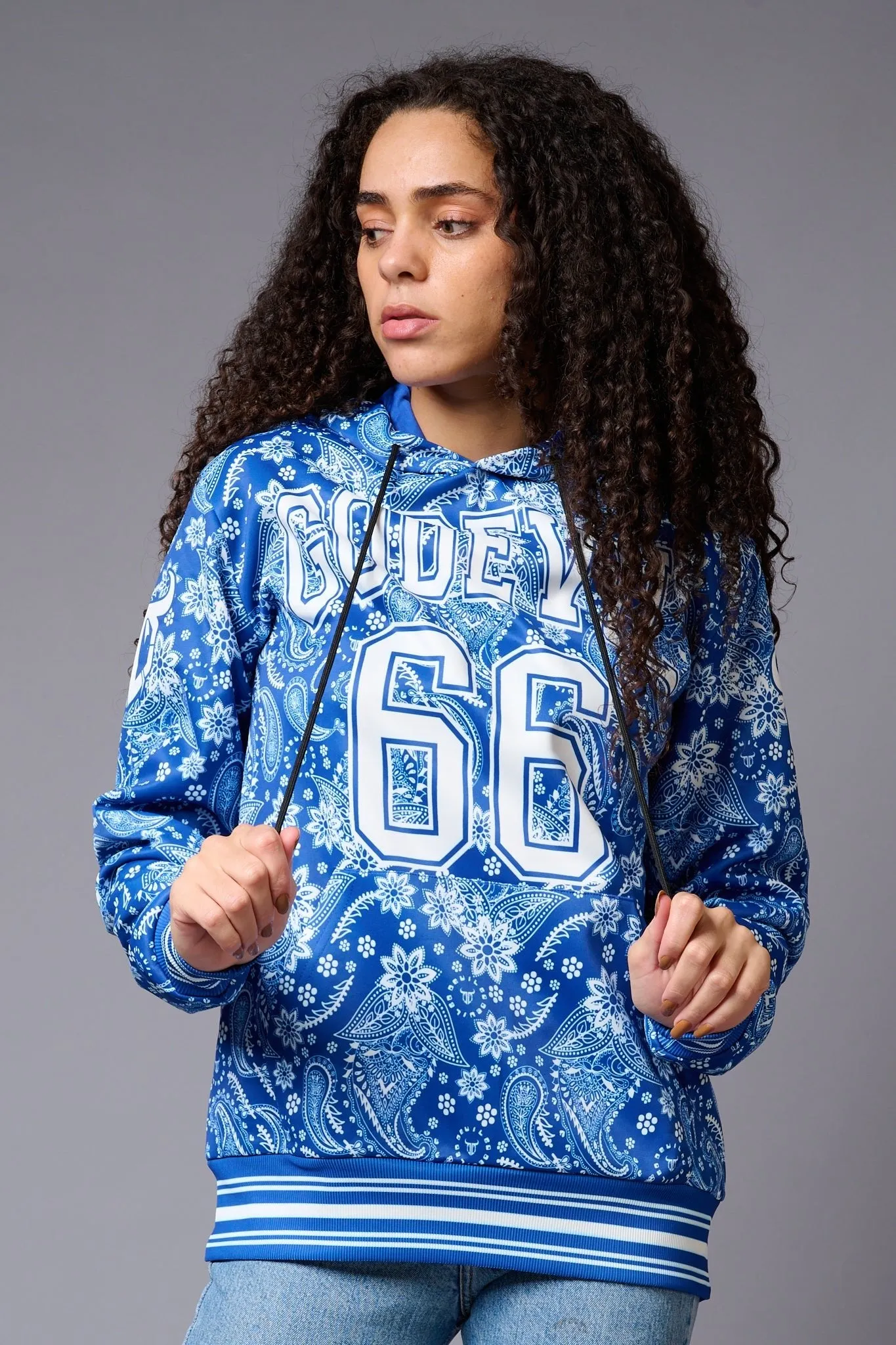 Go Devil 66 Paisely Design Printed Blue Hoodie for Women