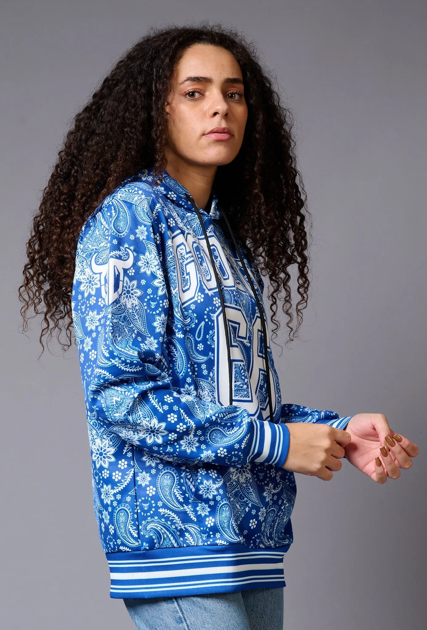 Go Devil 66 Paisely Design Printed Blue Hoodie for Women