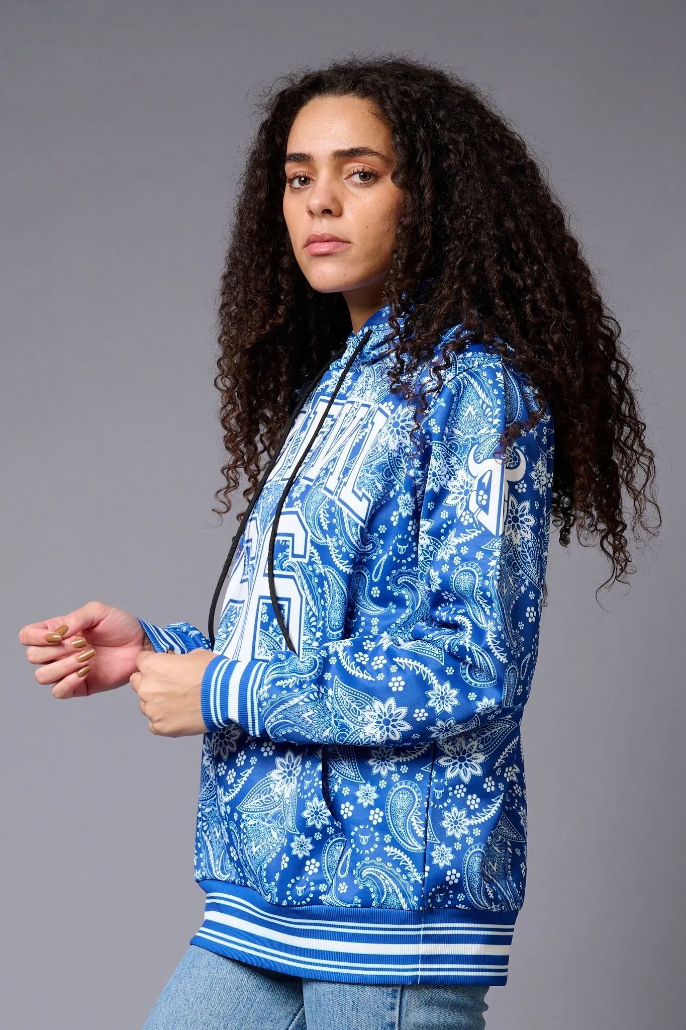 Go Devil 66 Paisely Design Printed Blue Hoodie for Women