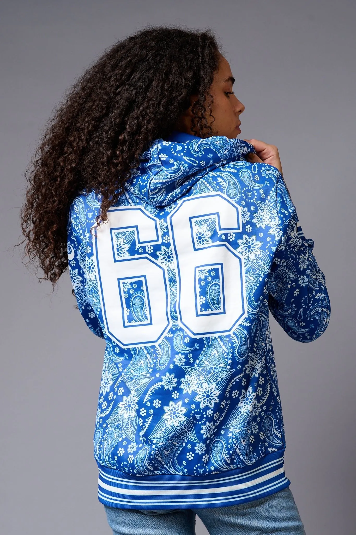 Go Devil 66 Paisely Design Printed Blue Hoodie for Women