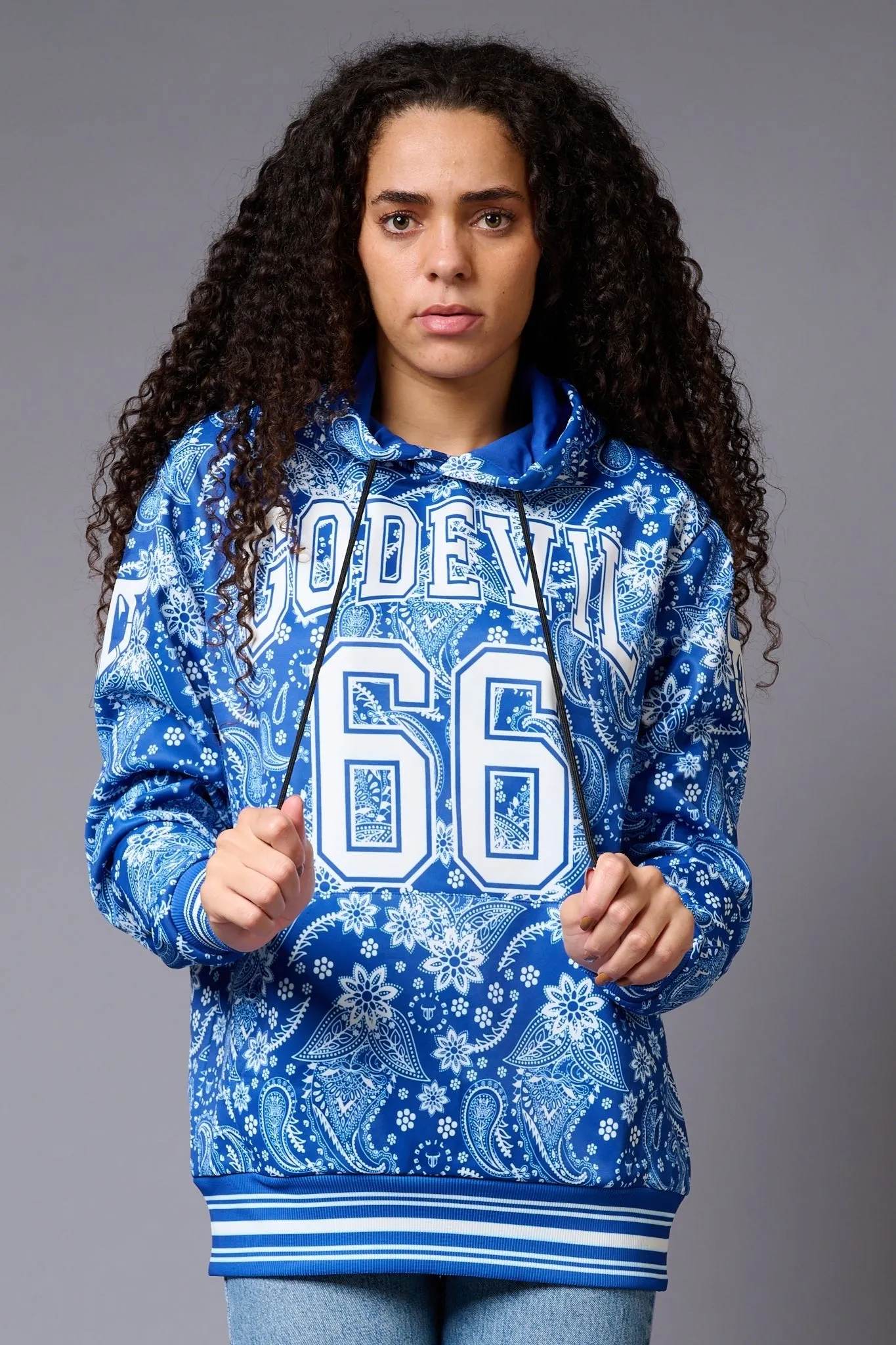 Go Devil 66 Paisely Design Printed Blue Hoodie for Women