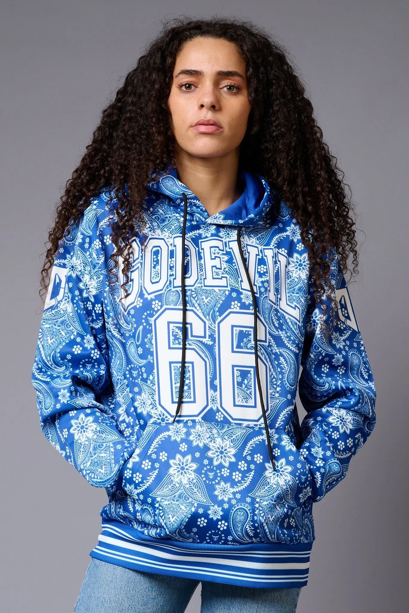 Go Devil 66 Paisely Design Printed Blue Hoodie for Women