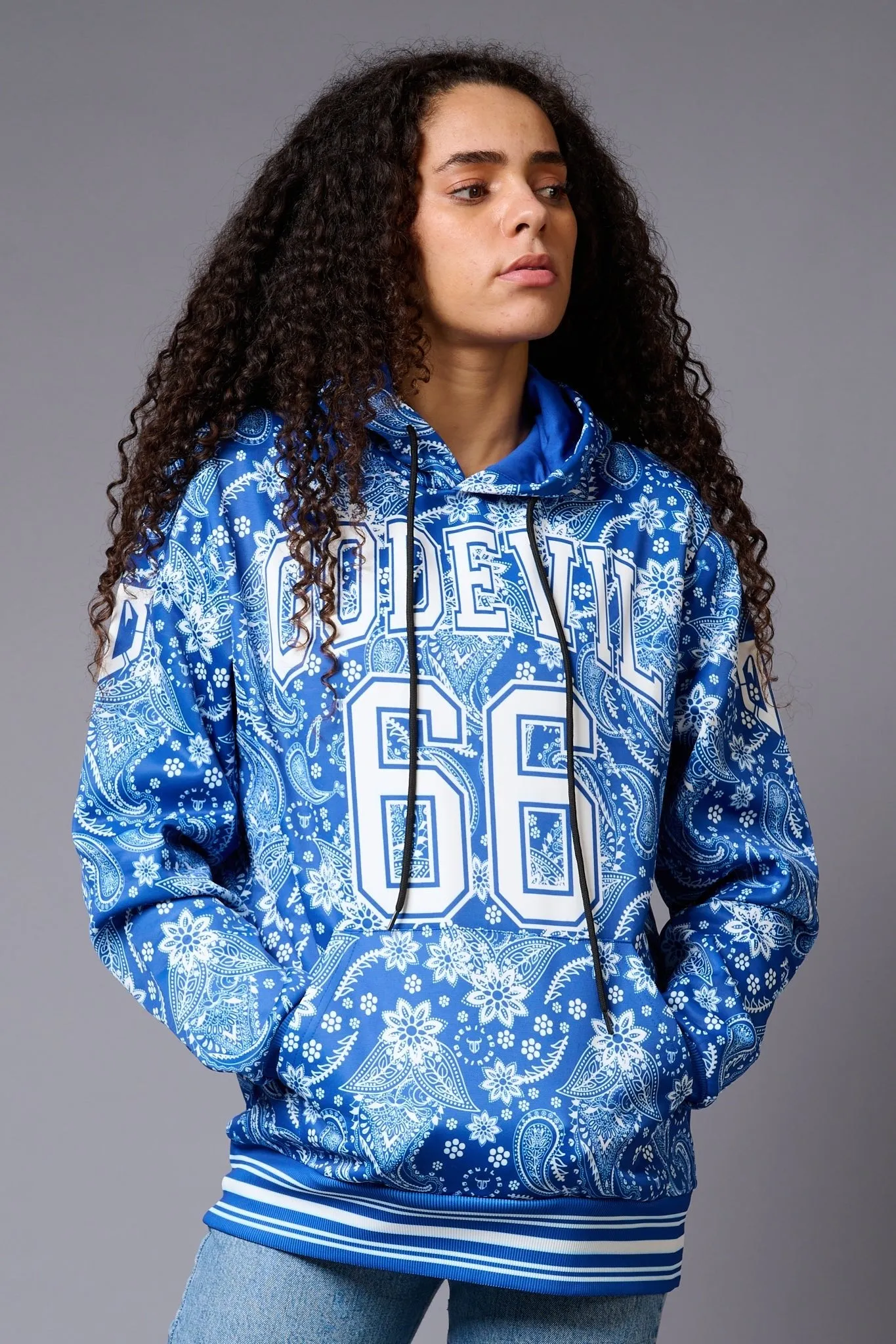 Go Devil 66 Paisely Design Printed Blue Hoodie for Women