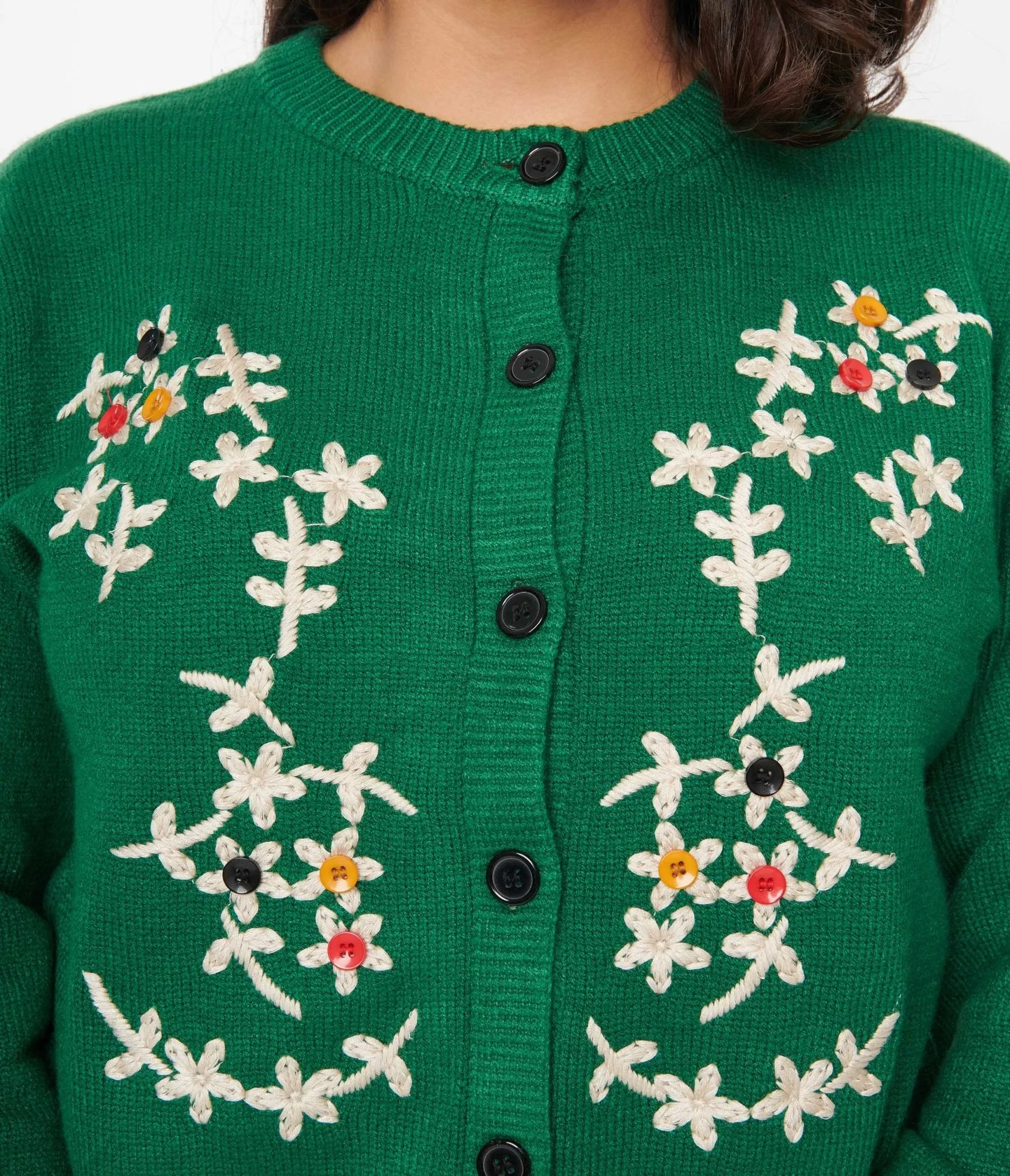 Green & Multicolor Button Floral Holiday Cardigan