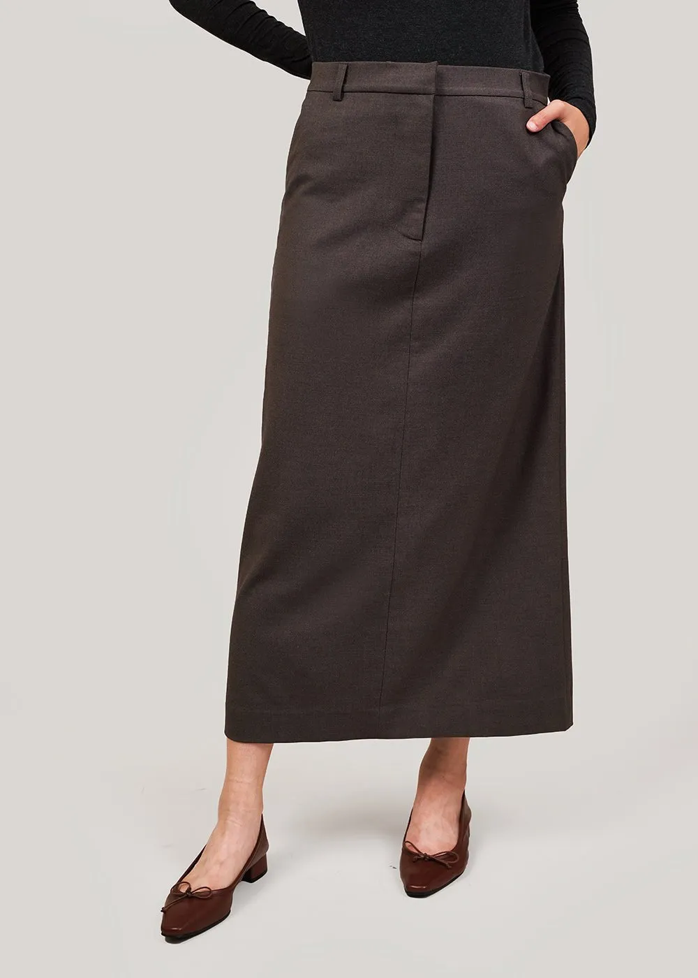 Heather Brown Wool Blend Midi Skirt