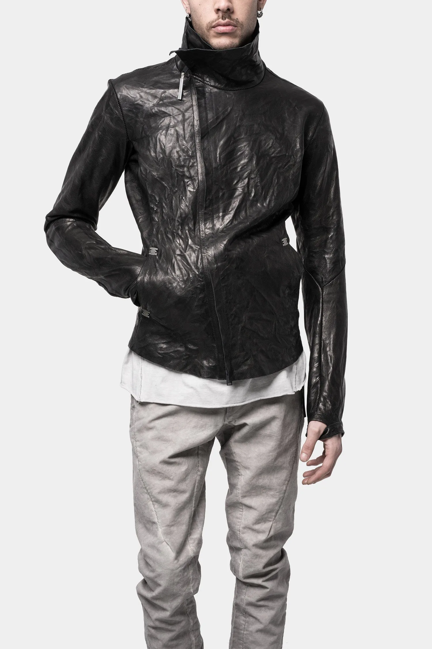 High neck asymmetric leather jacket