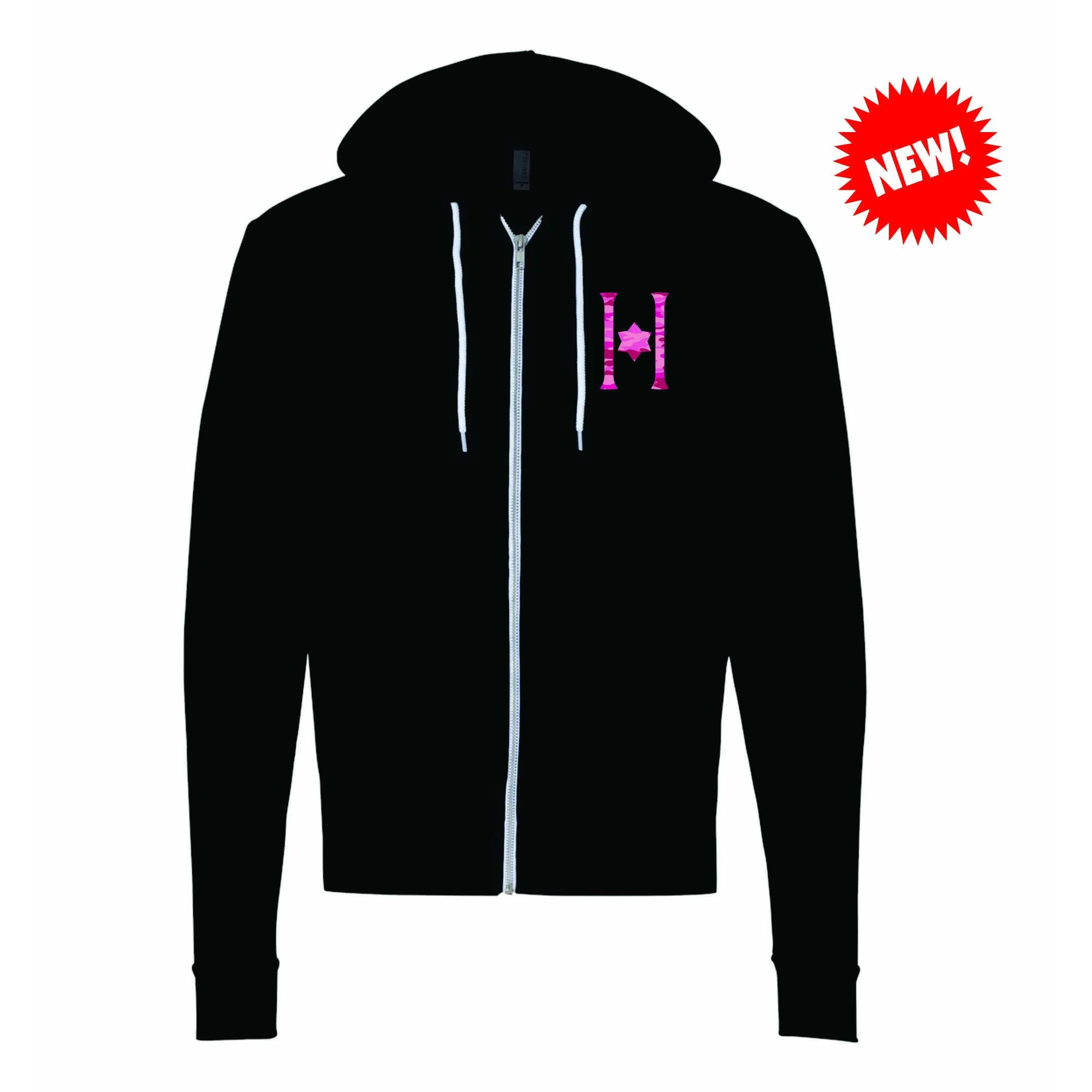 Hillel Bella Canvas Adult Full Zip w/Contact Blue or Neon Pink  Sparkle H Logo... And NEW!! Pink Camo