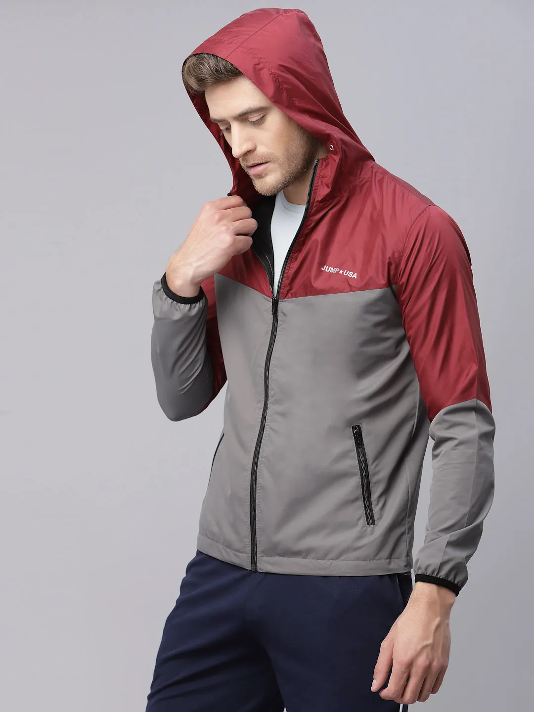 JUMP USA Men Grey Red Solid Active Wear Jacket