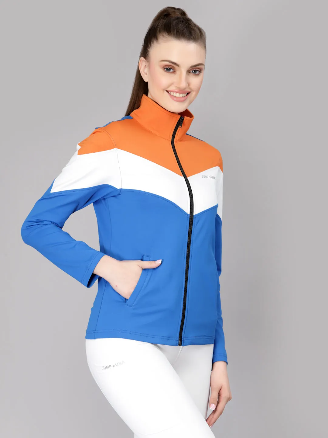 JUMP USA Women Algier Blue & Orange Colourblocked Polyester Hiking Jacket