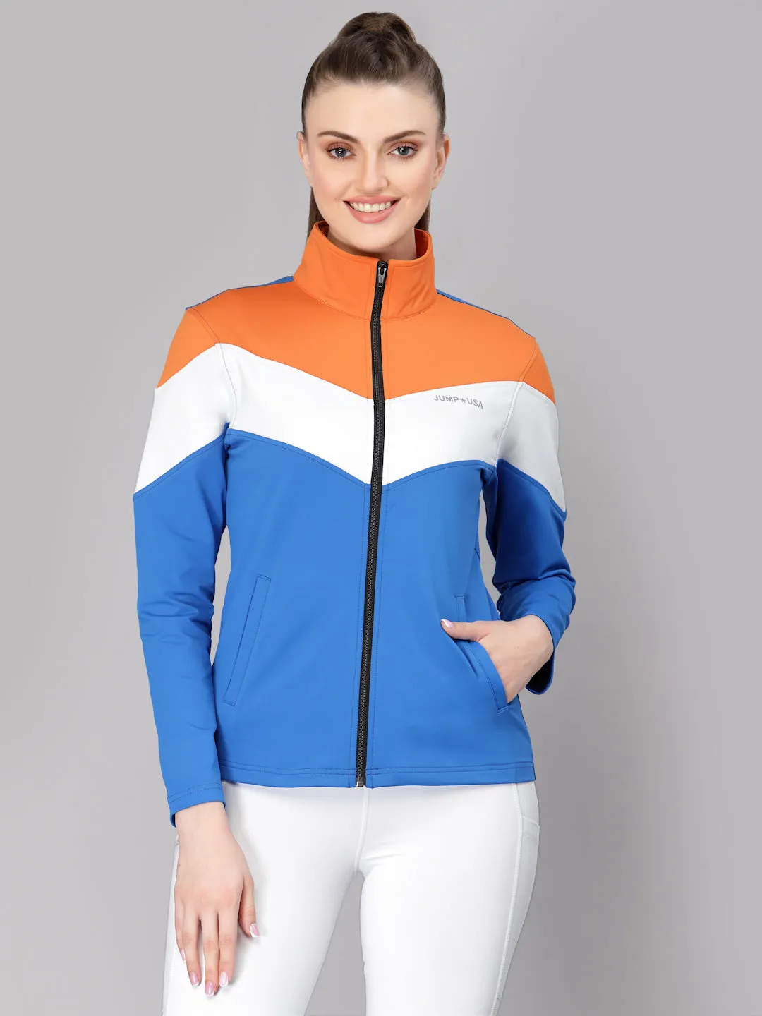 JUMP USA Women Algier Blue & Orange Colourblocked Polyester Hiking Jacket