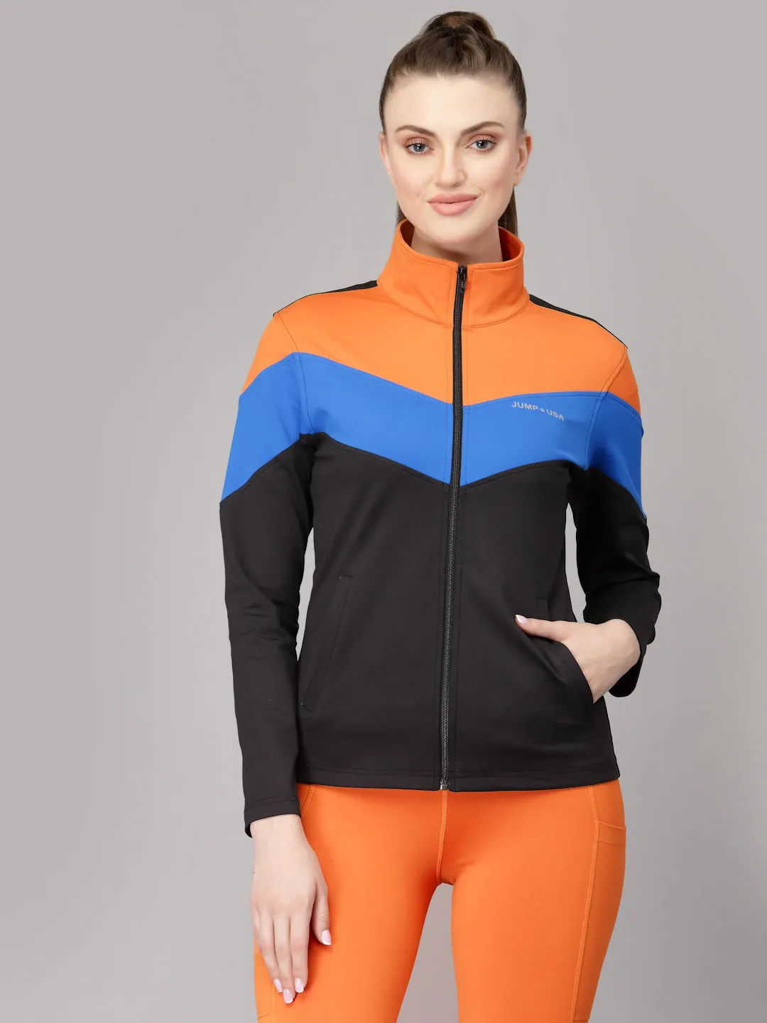 JUMP USA Women Black & Orange Colourblocked Polyester Hiking Jacket